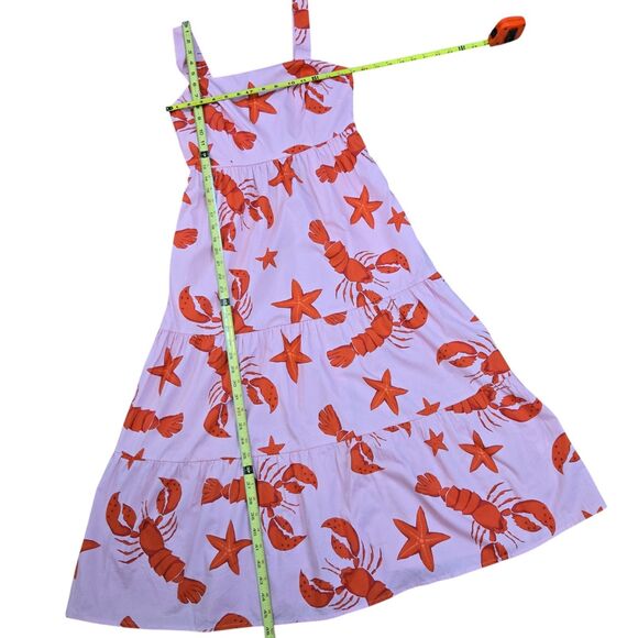 J CREW Pink Red Lobster Print Maxi Dress Sz 2 Square Neck Cotton Smocked tiered - Picture 11 of 13